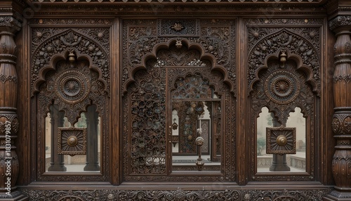 “An antique Rajasthani cultural decoration piece featuring hand-carved teakwood, vibrant traditional mirror work, intricate Bandhani patterns, brass bells, desert-inspired motifs, warm earthy colors,