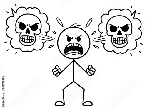 Stick figure man yelling skulls coming out of mouth with clenched fists