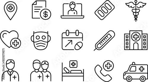 Medical icons set showing healthcare services, telemedicine, medication, hospital facility, patient care, doctors, emergency support, wellness monitoring symbols, line illustration