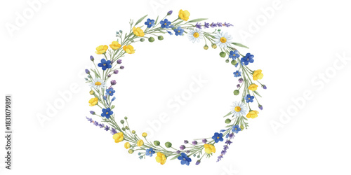 Delicate watercolor wreath of wildflowers with blue and yellow flowers isolated on white background