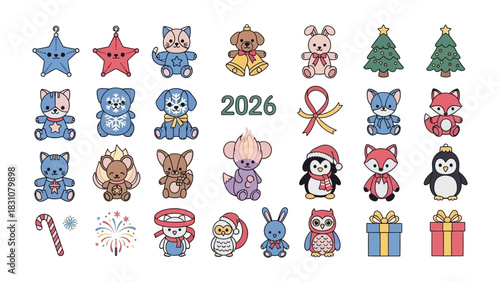 Festive collection 2026: Delightful illustrated assortment of cute holiday decorations, toys, and festive symbols, capturing the joyful spirit of the upcoming year.