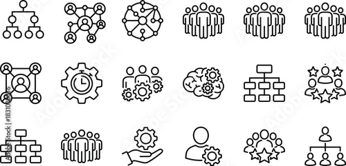 Teamwork and organization icons set featuring leadership, workflow, collaboration networks, employee management, group performance, business hierarchy, productivity concepts, professional teamwork