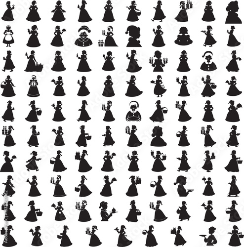 Mrs Claus holding something silhouette set in festive holiday poses