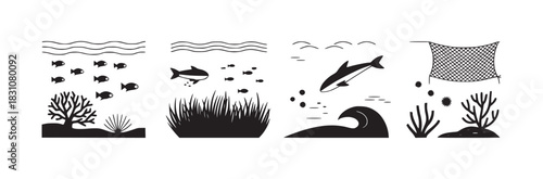 A collection of four ocean scenes depicted in black and white with waves, fish, coral, and a net