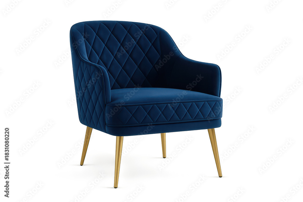 Obraz premium Elegant blue velvet armchair with golden legs, isolated on transparent background