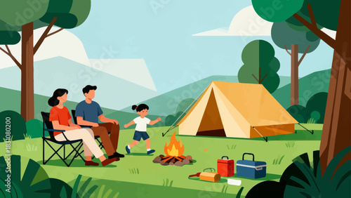 In this bright illustration, a family camps by a river: the father sets up a tent, the mother cooks, and the kids play with toys on a picnic blanket, surrounded by green mountains.