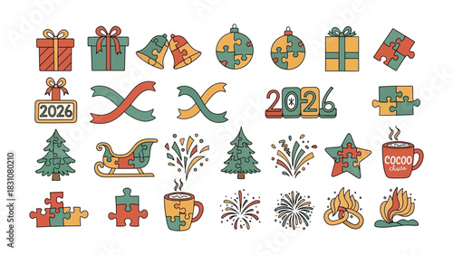 Festive Holiday Icons: A vibrant collection of Christmas and New Year's illustrations, symbolizing the joy and anticipation of the holiday season, perfect for festive designs.
