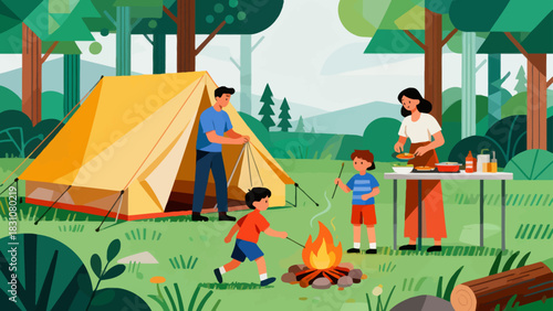 In this bright illustration, a family camps by a river: the father sets up a tent, the mother cooks, and the kids play with toys on a picnic blanket, surrounded by green mountains.