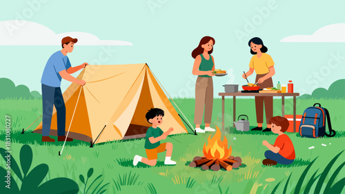 In this bright illustration, a family camps by a river: the father sets up a tent, the mother cooks, and the kids play with toys on a picnic blanket, surrounded by green mountains.