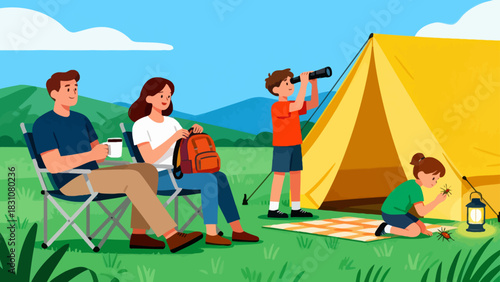 In this bright illustration, a family camps by a river: the father sets up a tent, the mother cooks, and the kids play with toys on a picnic blanket, surrounded by green mountains.