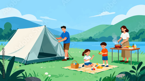 In this bright illustration, a family camps by a river: the father sets up a tent, the mother cooks, and the kids play with toys on a picnic blanket, surrounded by green mountains.