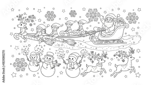 Santa's Whimsical Flight: A black and white illustration shows Santa Claus soaring through a snowy sky, his reindeer-led sleigh brimming with presents, accompanied by playful snowmen and elves. 
