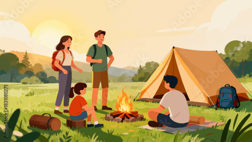 In this bright illustration, a family camps by a river: the father sets up a tent, the mother cooks, and the kids play with toys on a picnic blanket, surrounded by green mountains.