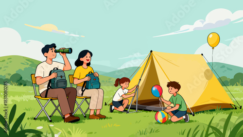 In this bright illustration, a family camps by a river: the father sets up a tent, the mother cooks, and the kids play with toys on a picnic blanket, surrounded by green mountains.