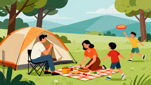 In this bright illustration, a family camps by a river: the father sets up a tent, the mother cooks, and the kids play with toys on a picnic blanket, surrounded by green mountains.