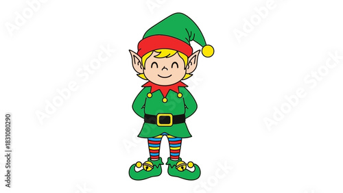 Joyful Elf in Festive Attire: A charming elf stands with a smile, showcasing a colorful ensemble and a cheerful spirit, perfect for holiday greetings and festive content.