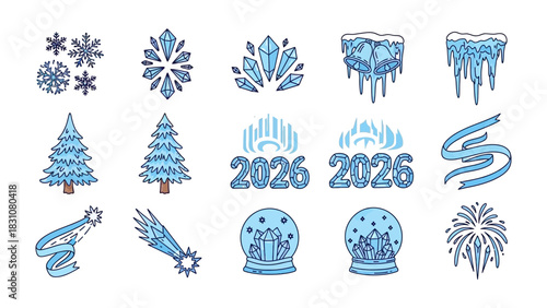 Winter Wonderland Elements: A delightful array of winter-themed design elements, evoking the serene beauty of the season. Featuring intricate snowflakes, sparkling crystals, icy formations.