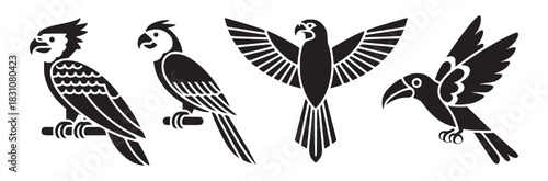 Four black and white stylized birds including a toucan parrot and eagle in a row on white background