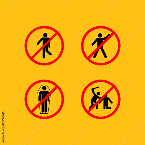 Set of four red circular prohibition signs with black human figures and symbols, indicating various restrictions or warnings.