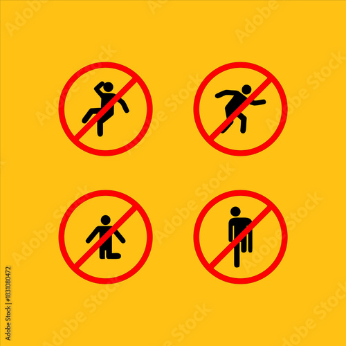 Set of Four Warning Signs with Human Figures in Red Circles.