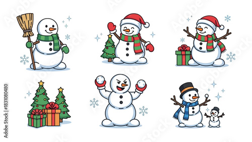 Holiday Snowman Collection: Delightful snowmen in a variety of poses celebrating the festive season, each with a unique personality and charm. A heartwarming scene of winter cheer and holiday joy.