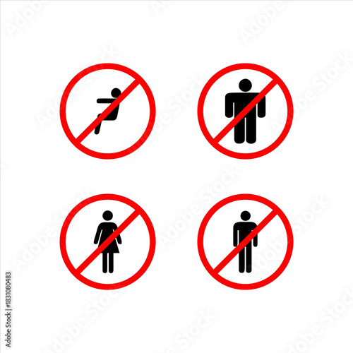 Set of four red prohibition signs with black human figures, indicating restrictions or no entry.