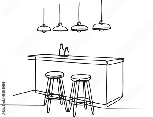 Continuous Line Art Illustration of Stylish Home Bar with Two Barstools and Hanging Lights