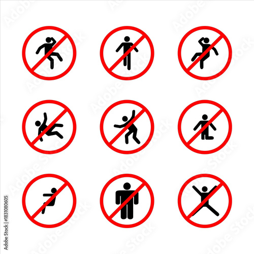 Collection of Prohibition Signs Depicting Various Actions Not Allowed.