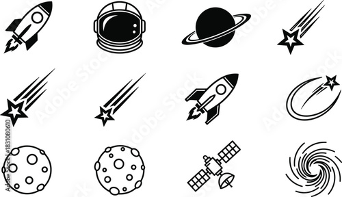 Space Travel Exploration Icons Vector Set: Astronaut Helmet, Rocket Ship, Saturn Planet, Shooting Star, Moon Surface, Black Hole, Satellite; Isolated Black and White Celestial Symbols and Signs.