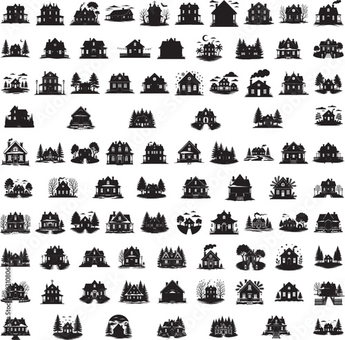 Old house silhouette set