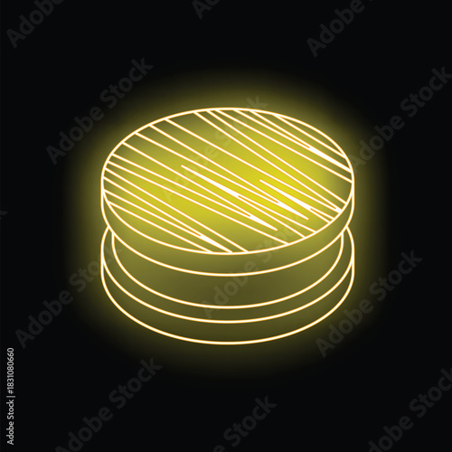 Yellow neon sign of appetizing burger glowing in dark, fast food cafe signboard