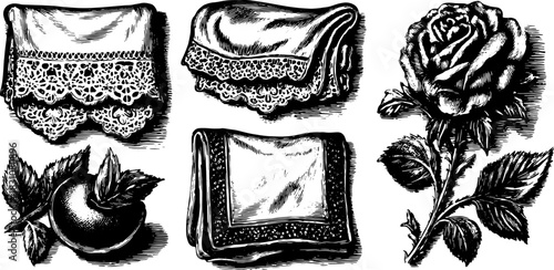 Antique engraving set of floral elements and fabric patterns. Detailed vector illustrations of a rose and handkerchief in vintage style.