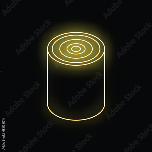 Yellow neon sign in the shape of a wood log glowing on a black background