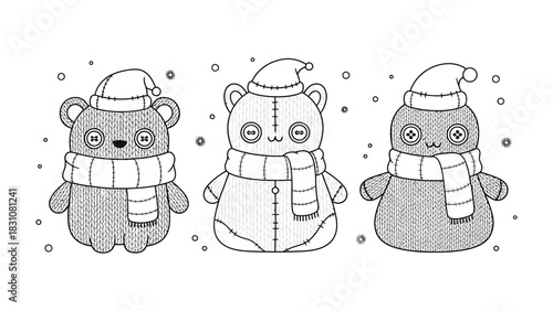 Festive Toy Trio: Adorable toy creatures in winter attire exude the enchantment of the season, evoking a sense of childlike delight. 