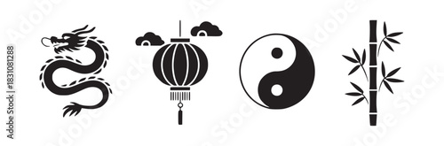 Black and white chinese symbols featuring dragon lantern yin yang and bamboo in a simple graphic style