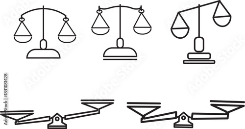 Scales of justice icon set. Law and legal symbol fivecourt or lawyer. Libra zodiac sign. Black vector illustration