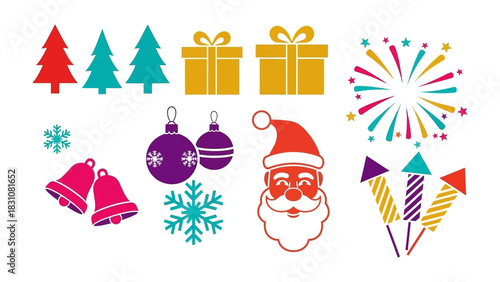 Joyful Holiday Ornaments: a delightful composition of festive elements, including evergreen trees, wrapped gifts, twinkling stars, and smiling Santa Claus heads.