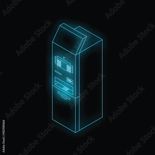 Neon atm glowing on a dark background, representing modern banking and financial transactions