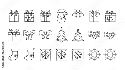 Festive Holiday Icon Set: An assortment of holiday-themed icons, featuring a variety of gifts, bows, a Santa Claus face, Christmas trees, stockings, snowflakes, and radiant starbursts, all in a clean.