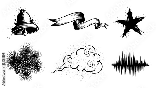 Black and white grunge set: bell, ribbon, star, pine cones, cloud, soundwave