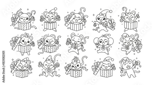 Cute Animals in Gift Boxes: A set of charming and endearing illustrations depicting a collection of various adorable animals popping out of gift boxes.