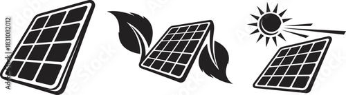 Solar panel energy icons set. renewable green electricity and sustainable power symbol collection for eco designs Vector