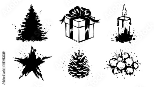 Black ink winter icons: tree, gift, candle, star, pine cone, berries