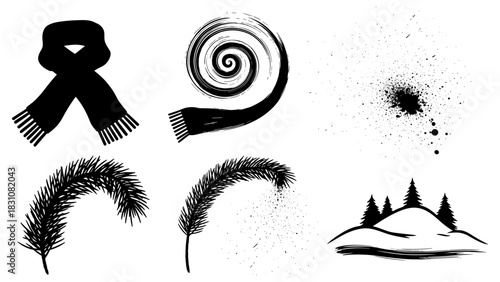 Black and white grunge winter elements with scarf and pine trees