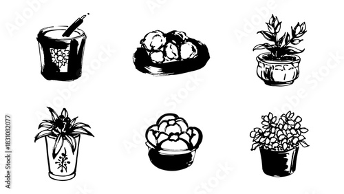 Ink drawings of potted plants and flowers in black and white