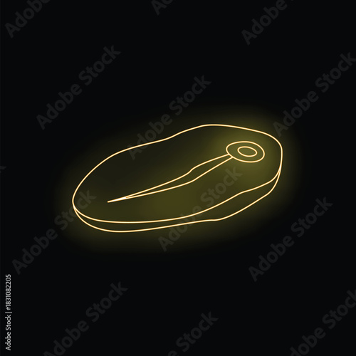 Yellow glowing neon icon of a steak meat cut isolated on a black background
