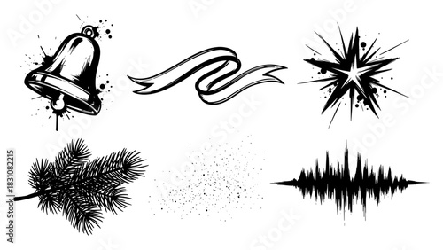 Vintage holiday elements: bell, ribbon, starburst, pine branch, and waveform in grunge style