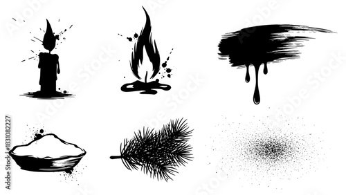 Grunge silhouettes of candle, flame, brushstroke, powder, pine needle, and splatter