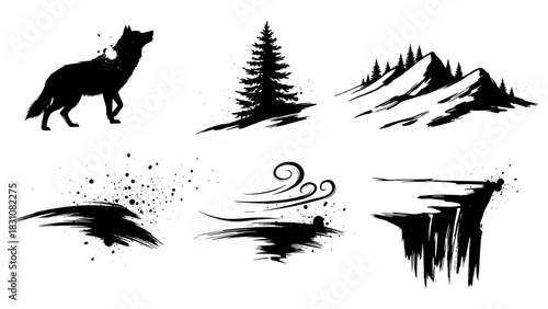 Nature silhouette with wolf, mountains, and abstract elements in ink style