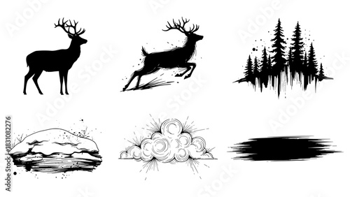 Silhouette style: deer and nature elements in artistic black and white design